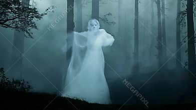 A ghostly apparition made of mist haunts an old mystical forest