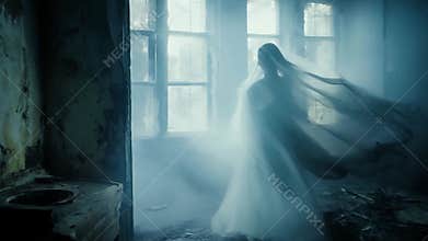 A creepy ghostly apparition in human form moves through an old haunted house