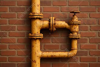 Industrial yellow pipeline system mounted on brick wall with valve, aged metal and rustic utility infrastructure in urban