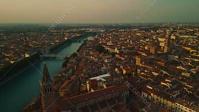 Drone Flight Forward Over Historic Center Of Verona At Sunset