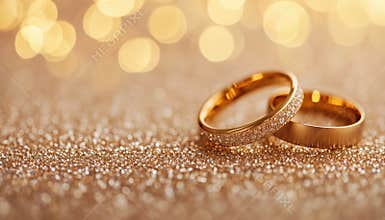 Golden Wedding Bands Standing Proudly On Glittery Red Background