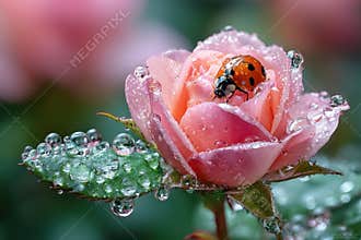Dew Drops Adorn Pink Rose Ladybug Resting Gently