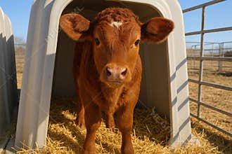Curious brown calf standing inside a shelter on straw bedding in a sunny rural farmyard, surrounded by metal fencing, AI