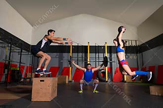 Gym group workout barbells slam balls and jump