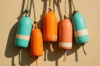 Colorful nautical buoys hanging on ropes against a beige wall in sunlight, showcasing a vibrant coastal decoration design, AI
