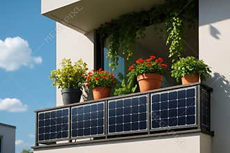 Modern urban balcony with solar panels, vibrant red flowers, and lush green plants enhancing sustainable living and city views, AI