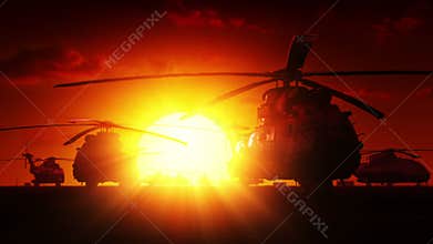 Military helicopters at sunrise