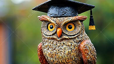 Wise owl statue with graduation cap, symbolizing wisdom and education, in a natural setting