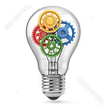 Light bulb and gears. Perpetuum mobile idea concept.