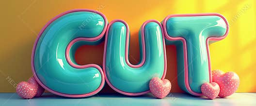 Playful 3D letters spelling CUT with pink hearts