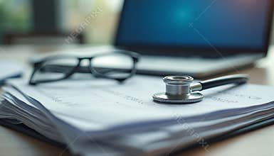 Stethoscope resting on medical documents