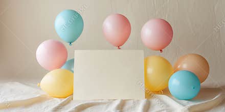 Festive Backdrop with Blank Card and Floating Balloons