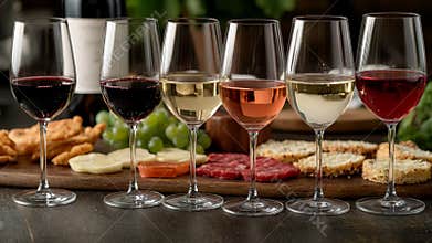Assorted wine tasting with charcuterie and cheese board on rustic table