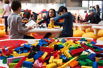 Detail of Lego building bricks at G! come giocare in Milan, Italy