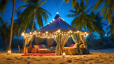 A cozy Ramadan tent adorned with colorful fabrics and fairy lights, surrounded by palm trees under a clear night sky