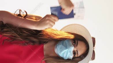 Vertical pandemic restriction woman ticket mask