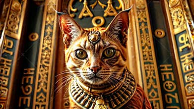 Golden Egyptian magical divine cat, cat in the temple of the Egyptian goddess Bastet