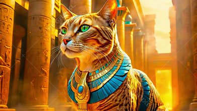 Golden Egyptian magical divine cat, cat in the temple of the Egyptian goddess Bastet