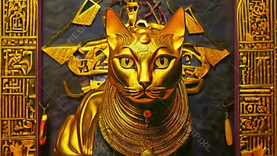 Golden Egyptian magical divine cat, cat in the temple of the Egyptian goddess Bastet