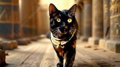 Golden Egyptian magical divine cat, cat in the temple of the Egyptian goddess Bastet