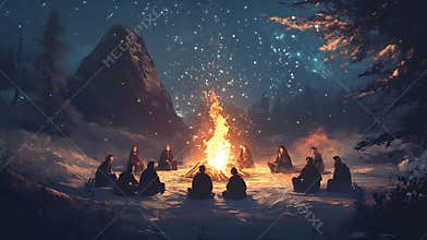 A serene Winter Solstice bonfire surrounded by friends sharing stories