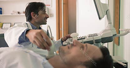 Middle-aged male patient passing thyroid gland check-up, close up