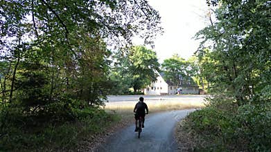 Drone following a German guy riding his bike through the forest on a beaten forest track in summer