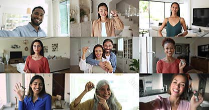 Diverse people showing keys to camera, collage view