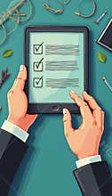 Hands holding a tablet with checklists
