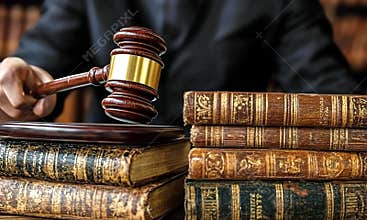 Judge bangs gavel law books library background legal concept