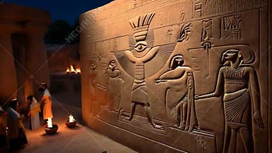 Egyptian King Mural with Divine Crowning, Sacred Symbols in Temple, 6th Millennium BCE Ritual Scene