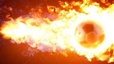 Fire dynamic soccer ball flies into the gate with stadium background. World championship cup. Football match bet