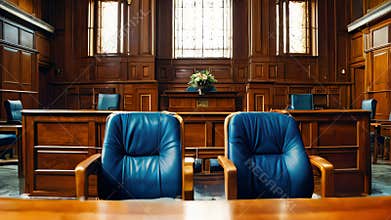 Courtroom for judicial hearings, concept of justice and compliance with laws, legislative power and courthouse