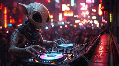 Alien DJ mixing music at a futuristic city party