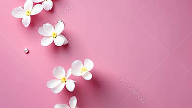 Elegant floral frame with pearls on pink backdrop, perfect for holiday party invites. Floral pattern for fabrics, cards, and