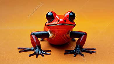 Vibrant red and black poison dart frog on an orange backdrop, perfect for captivating web banners or educational materials