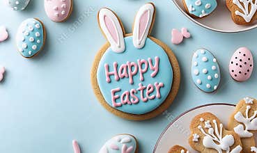Happy Easter decorative sugar cookies with bunny ears and pastel colors, Happy Easter concept