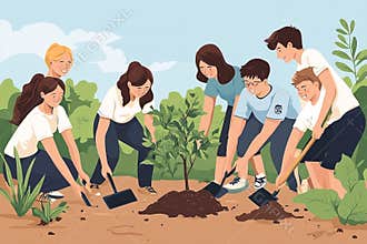 Young volunteers work together to plant a sapling, contributing to environmental conservation and a greener future
