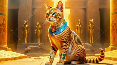 Golden Egyptian magical divine cat, cat in the temple of the Egyptian goddess Bastet