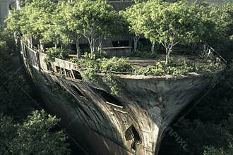 Abandoned ship overgrown with plants in a tranquil bay showcasing nature’s reclamation of man-made structures