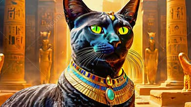 Golden Egyptian magical divine cat, cat in the temple of the Egyptian goddess Bastet