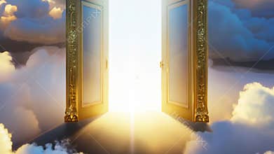 Golden ornate door opening in the clouds with bright heavenly light shining through, surrounded by soft pastel clouds in