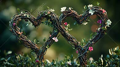 A pair of intertwined hearts made of vines and flowers, symbolizing unity and everlasting love