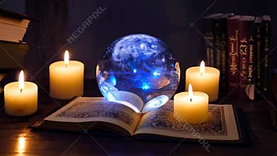 Glowing blue magical crystal ball on a table in a witch's lair surrounded by candles.
