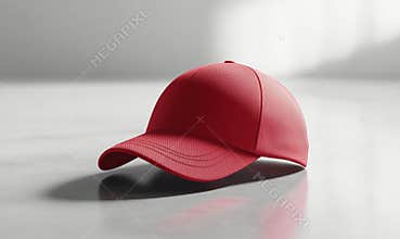 Red baseball cap, sleek design, smooth texture, soft fabric, modern style, placed on light surface, shadows creating