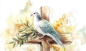 Dove perched on wooden cross with olive branch, symbolizing peace and hope in religious context, watercolor illustration