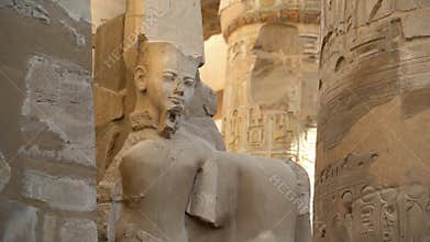 Egyptian statue of a pharaoh near columns in a ruined temple