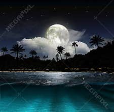 Fantasy landscape - moon, lake and fishing boat