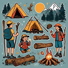 Hand-Drawn Summer Camp Clipart with Campfire and Happy Kids