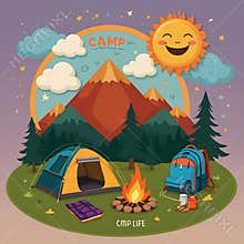 Cute Summer Camp Clipart with Tent, Campfire, and Bright Sun